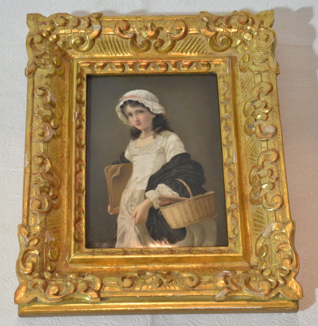 HAND PAINTED KPM PORCELAIN PLAQUE OF YOUNG GIRL: WITH BOOKS & BASKET ; SIGNED FRETILL - WITH INCISED KPM MARK & H INITIAL IN CARVED GILT FRAME - 6 3/4" x 9 1/2" , 11 1/2" x 14 1/2"