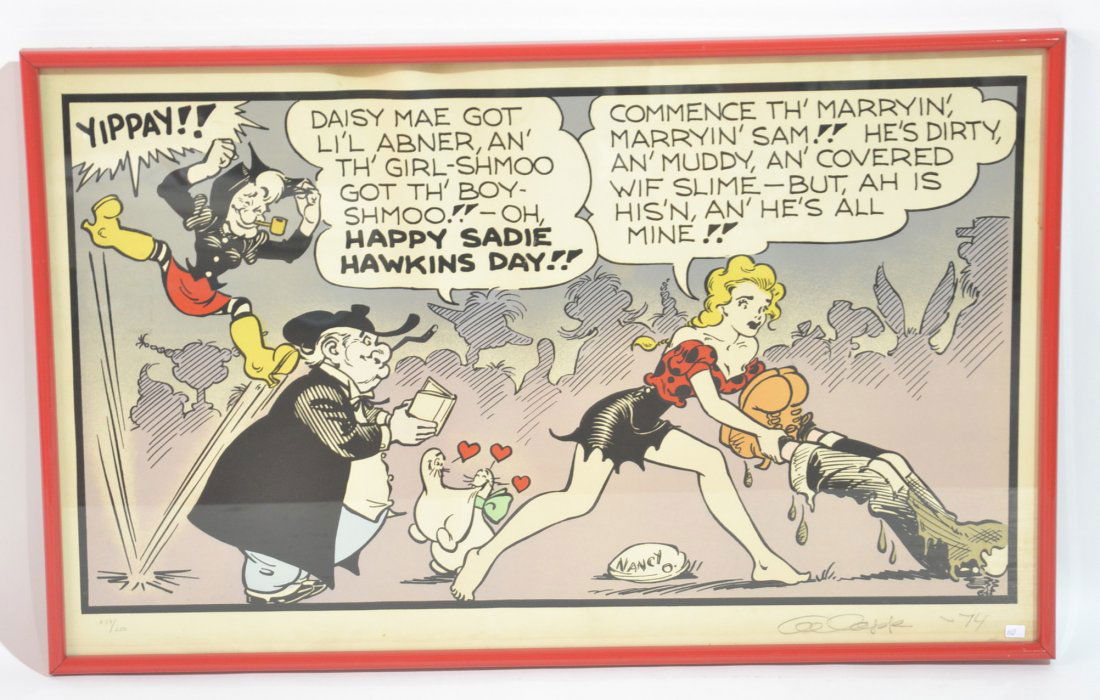 HAND SIGNED AL CAPP LIL ABNER CARTOON STRIP: HAPPY SADIE HAWKINS TWO SERIGRAPH LE 74' & NUMBERED 238/250