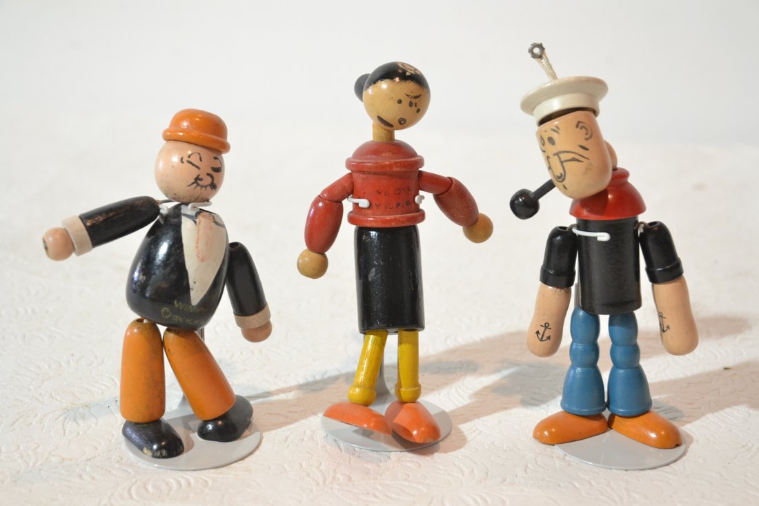 WOODEN TOY FIGURES OF POPEYE , OLIVE OIL & WIMPY: TALLEST IS 5"