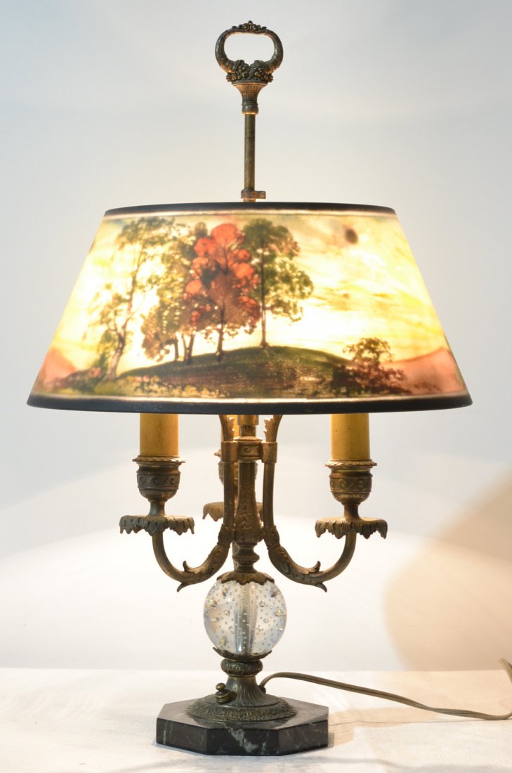 SIGNED PAIRPOINT SCENIC REVERSE PAINTED SHADE LAMP: WITH SIGNED PAIRPOINT CONTROLLED BUBBLE BASE - SHADE IS 16" x 6 3/4" , OVERALL IS 24 1/2" TALL