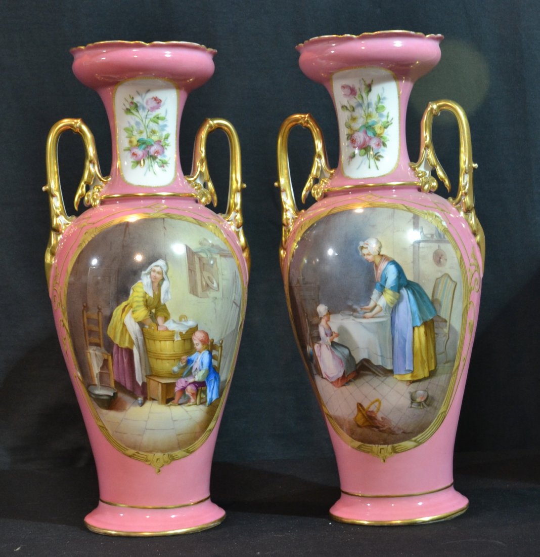 (Pr) LARGE OLD PARIS TWIN HANDLE VASES WITH: FIGURAL GROUPING MEDALLIONS & FLOWERS INVERSO - 9" x 21 1/2"