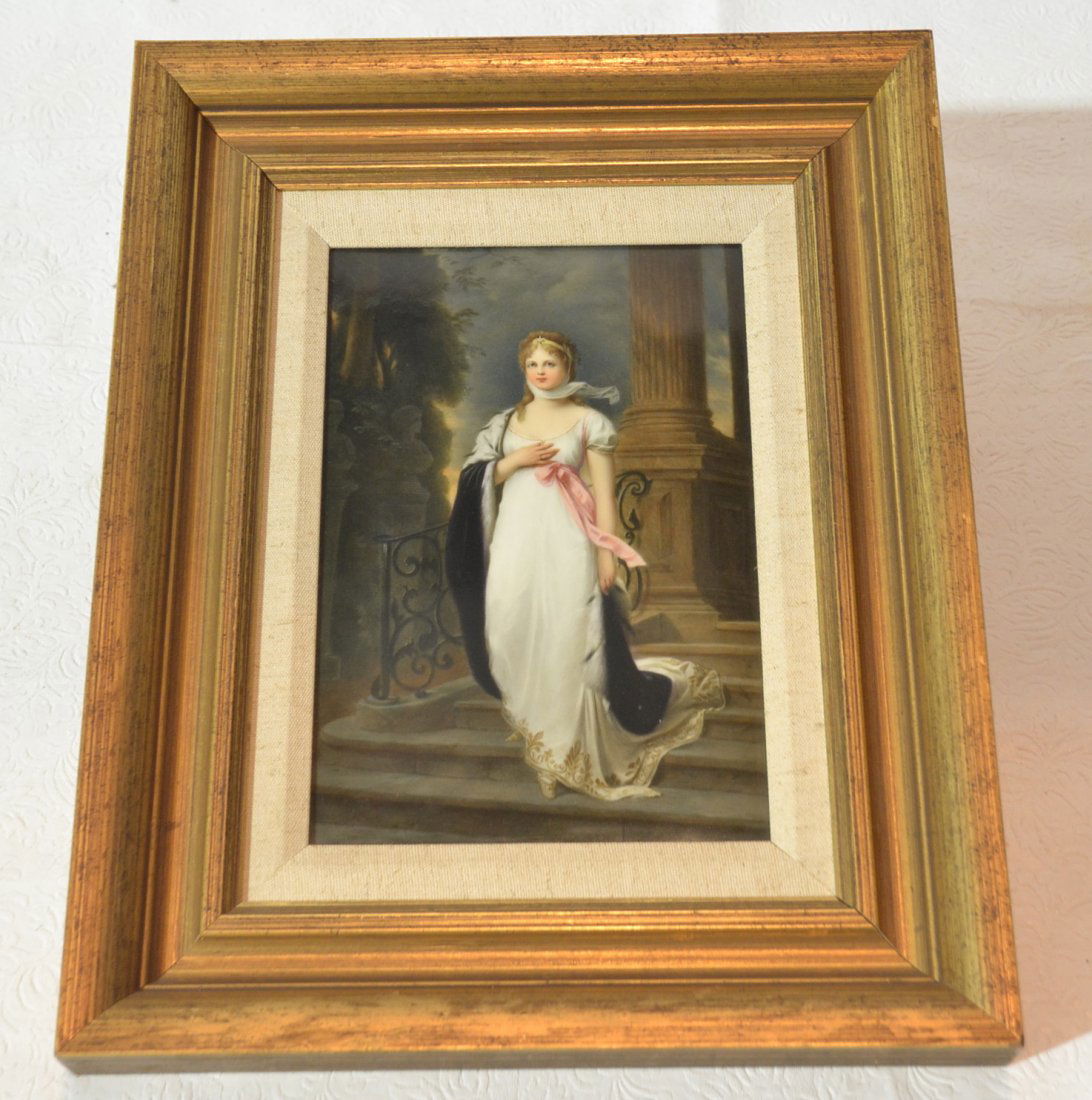 HAND PAINTED KPM PORCELAIN PLAQUE OF QUEEN LOUISE: OF PRUSSIA DESCENDING A FLIGHT OF STAIRS AFTER G.RICHTER IN GILT FRAME ; WITH INCISED KPM SCEPTOR & H INITIAL ; ILLEGIBLY SIGNED A.L. ENARNETT - PLAQUE IS 6 1/4" x 9 1/4" , FRAMED IS 11 1/4" x 14 1/4"