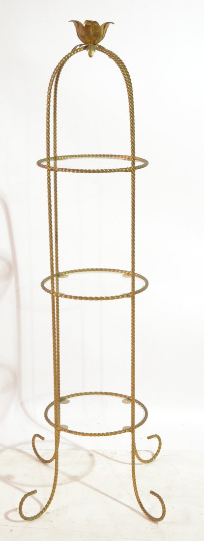 3-TIER GILT METAL STAND WITH FLOWERS & GLASS