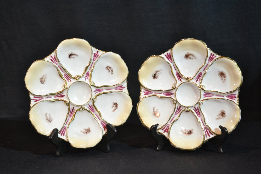 (2) HAND PAINTED OYSTER PLATES MARKED C.T. GERMANY: (CARL THIEME) - 9 1/2" DIAMETER