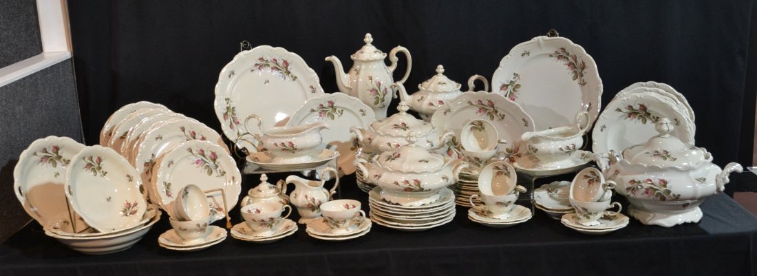 (102)pc ROSENTHAL "POMPADOUR" DINNER SERVICE: CONSISTING OF (24) DINNER PLATES , (11) SALAD PLATES, (12) DESSERT, (12) SOUP , (12) CUPS & (10) SAUCERS , (2) GRAVY, (4) SERVING BOWLS, (6) PLATTERS, LARGE TUREEN (HANDLE REPAIR), (2) COVERED BOWLS, 