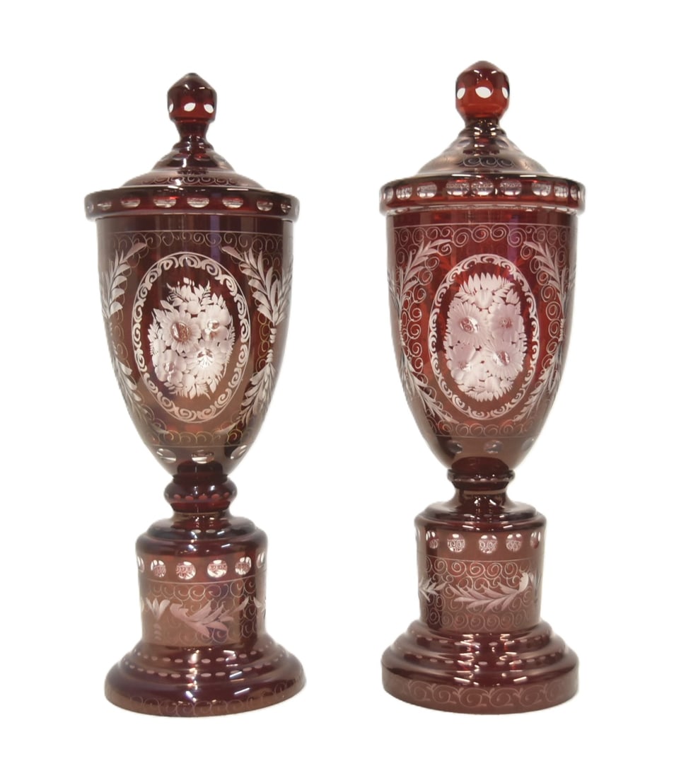PAIR BOHEMIAN CRANBERRY CUT TO CLEAR POKAL: (Pr) BOHEMIAN CRANBERRY GLASS POKALS WITH ETCHED FLORAL MEDALIONS - 5 1/2'" x 16" OVERALL