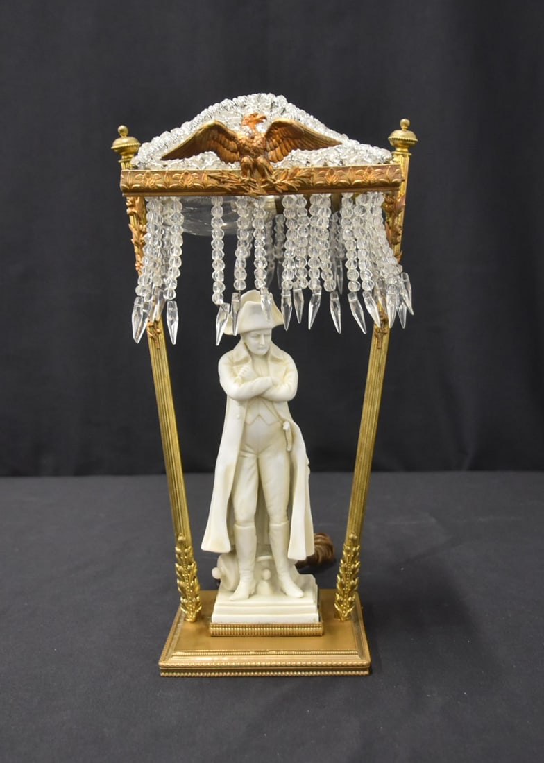 PARIAN NAPOLEON FIGURAL BEADED GLASS LAMP: FRENCH EMPIRE BISQUE PORCELAIN NAPOLEON STANDING INSDE BEADED CRYSTAL LAMP WITH BRASS FRAME & EAGLE FINIAL - 6" x 12"