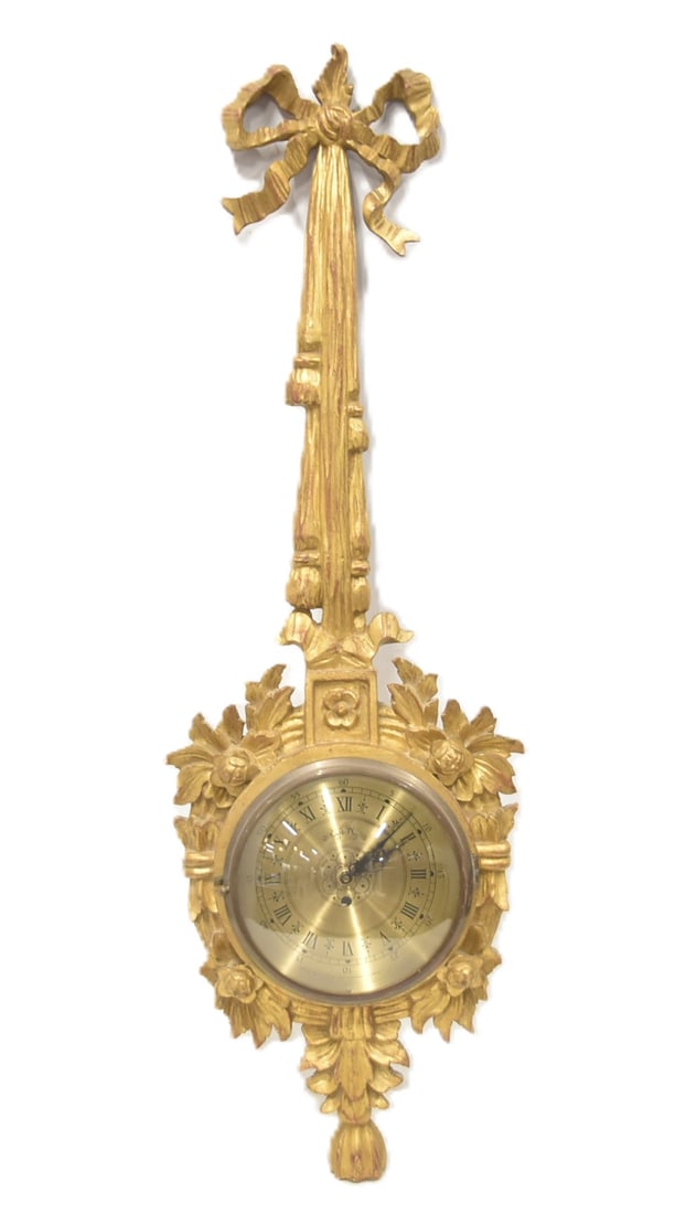 GROW AND CUTTLE GILTWOOD WALL CLOCK: GROW & CUTTLE CHICAGO WALL CLOCK WITH ITALIAN CARVED GILTWOOD CASE ; HAVING QUARTZ MOVEMENT - 14" x 42"