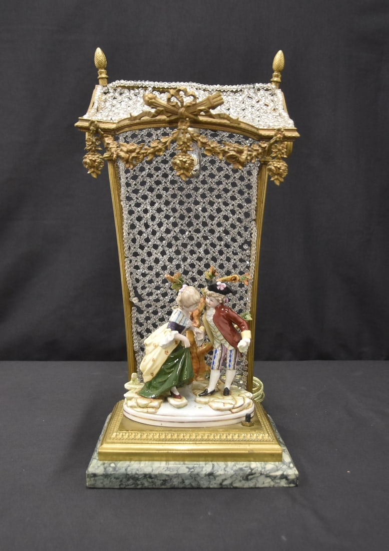 BEADED CRYSTAL & PORCELAIN FIGURAL LAMP: BEADED CRYSTAL & GILT BRONZE BOUDOIR LAMP WITH GERMAN PORCELAIN FIGURE AT CENTER - 8" x 6" x 16 1/2"