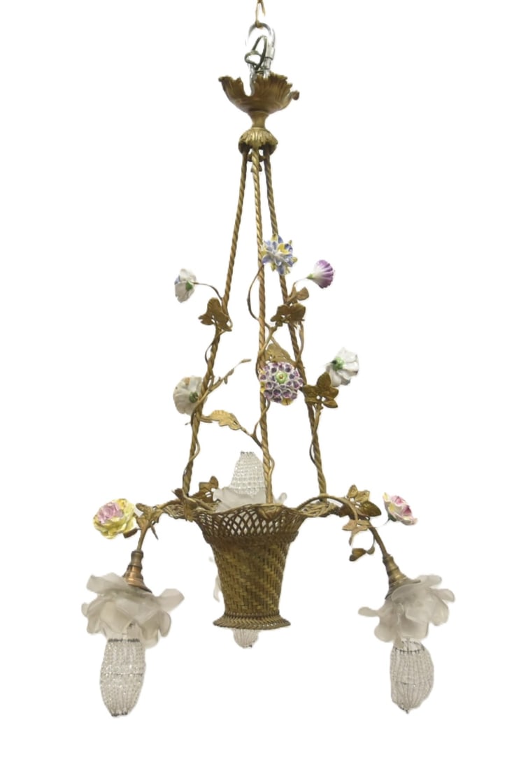 BRONZE & PORCELAIN FLOWER BASKET CHANDELIER (1 of 14)