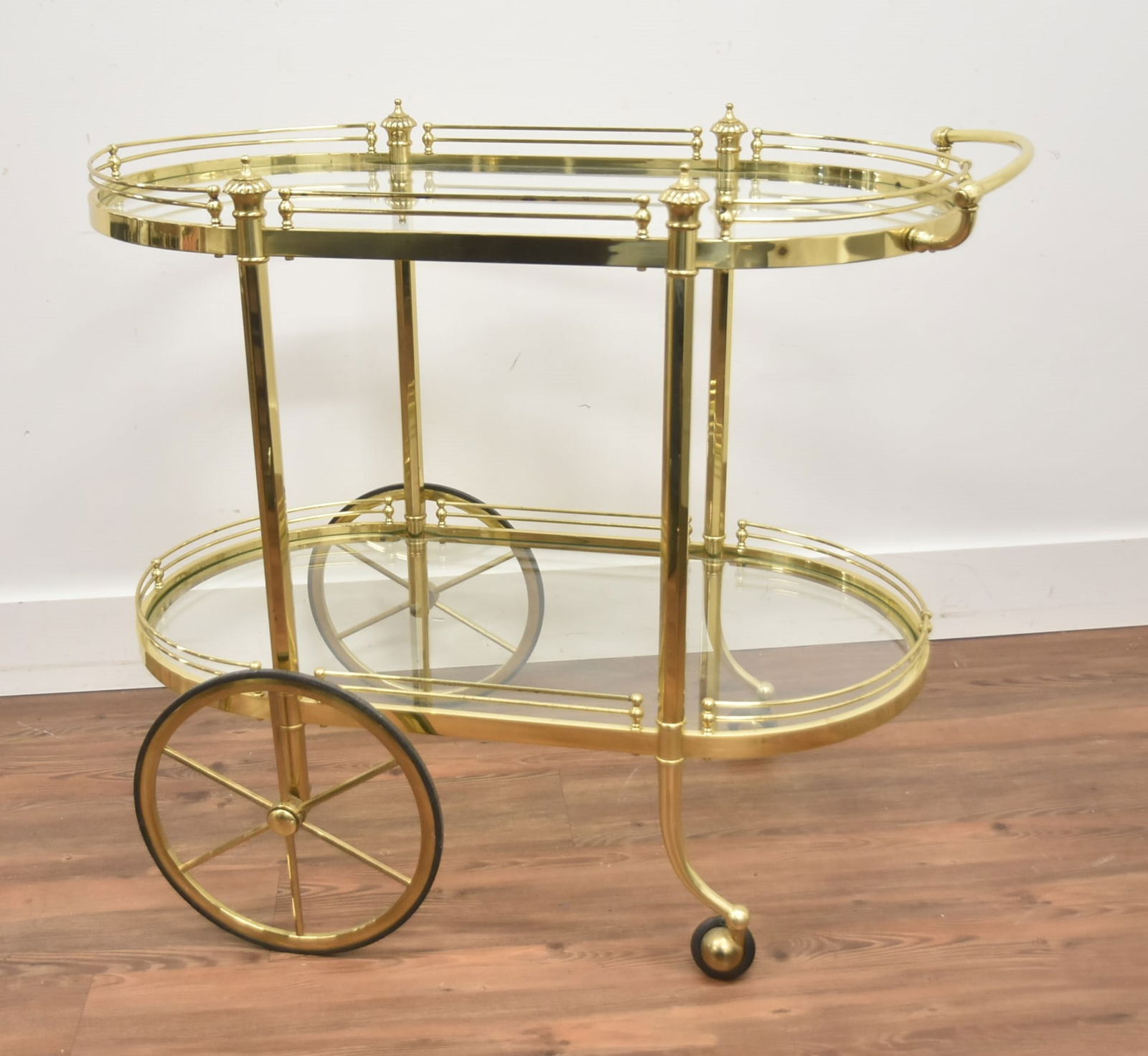 BRASS & GLASS ROLLING BEVERAGE CART: VINTAGE BRASS & GLASS ROLLING BAR CART ; BEVERAGE CART - 37" x 21" x 31"