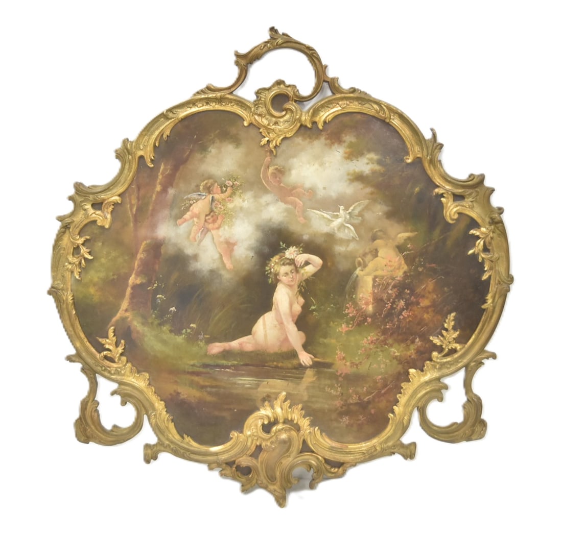 FRENCH LXV STYLE HAND PAINTED BRONZE WALL PANEL: ANTIQUE FRENCH LXV STYLE HAND PAINTED BRONZE FIRE PLACE PANEL CONVERTED TO WALL PLAQUE WITH ALLEGORICAL SCENES OF RECLINING NUDE WOMAN IN FOREST SURROUNDED BY CHERUBS & DOVE - 25" x 27"