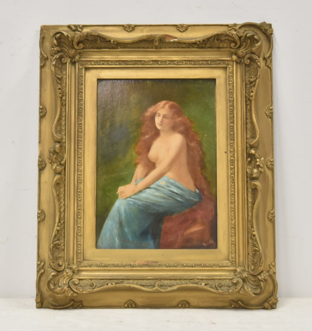 ANTIQUE OIL ON BOARD SEATED FEMALE SEMI NUDE: ANTIQUE ART NOUVEAU STYLE OIL ON BOARD OF SEATED SEMI NUDE WOMAN WITH FLOWING HAIR ; OIL SIZE IS 8" x 11" ; 15" x 18" OVERALL SET IN GILT FRAME (SOME MINOR LOSS TO FRAME)
