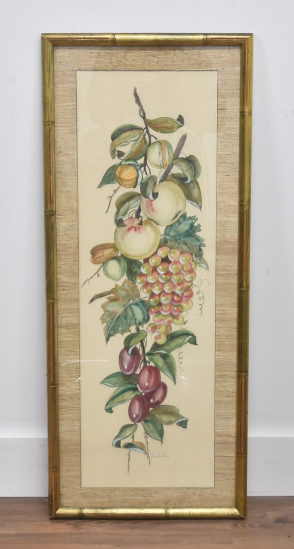 CHARLES ADAMS FRUIT STILL LIFE WATERCOLOR: CHARLES ADAMS (LATE 19th CENTURY) WATERCOLOR FRUIT STILL LIFE NEW YORK BOTANICAL ARTIST 11" x 34" ; 16 1/2" x 40" OVERALL