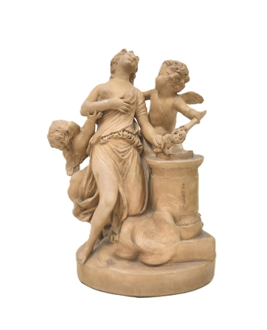 FRENCH TERRACOTTA FIGURAL GROUP: AFTER CLAUDE MICHEL CLODION ANTIQUE FRENCH TERRACOTTA GROUP DEPICTING CLASSICAL MAIDEN SURROUNDED BY CHERUBS ; ATTRIBUTED TO SEVRES 7 1/2" x 6" x 10" (HAS A FEW SMALL REPAIRS)