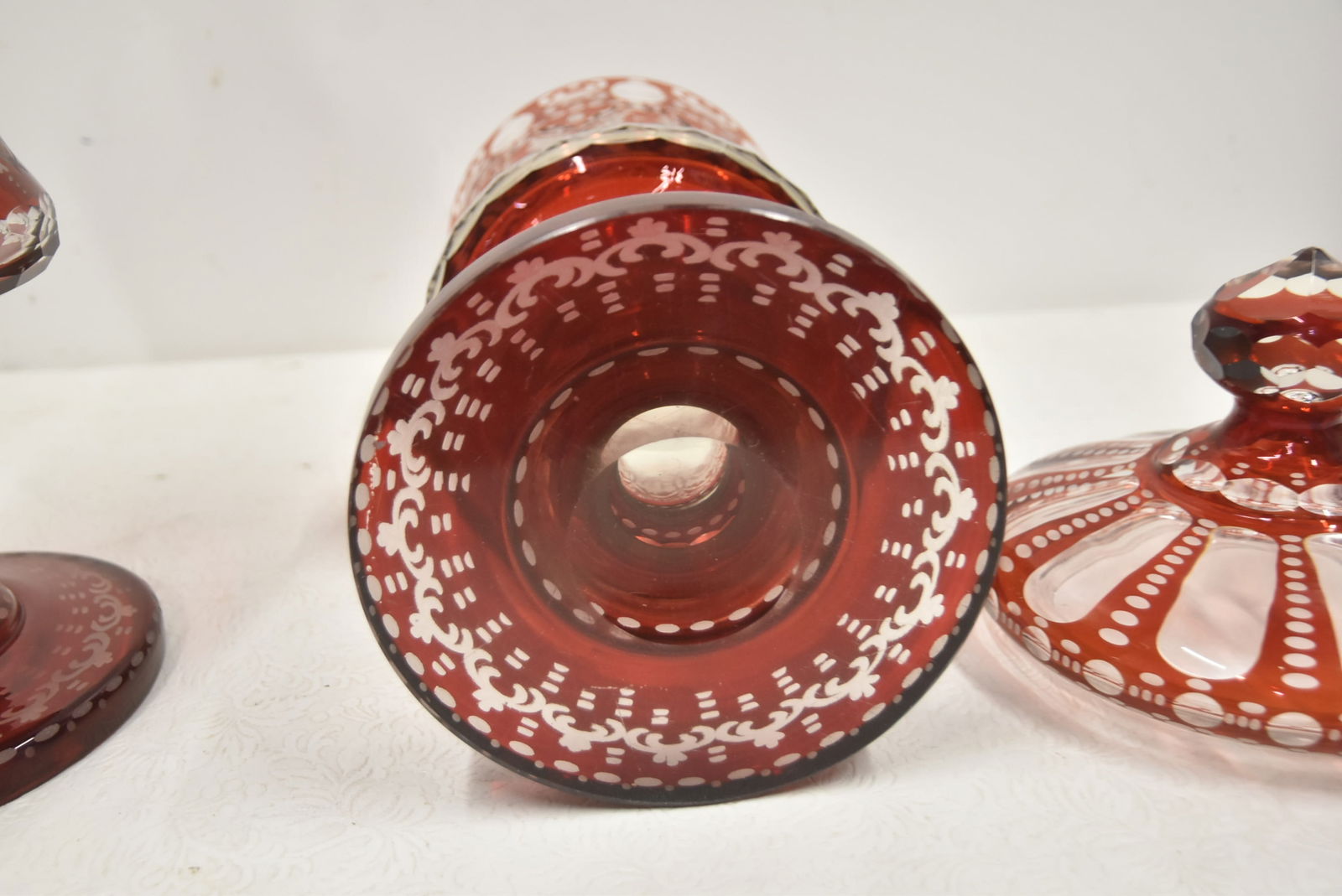 PAIR LARGE RUBY BOHEMIAN LIDDED POKALS - 11
