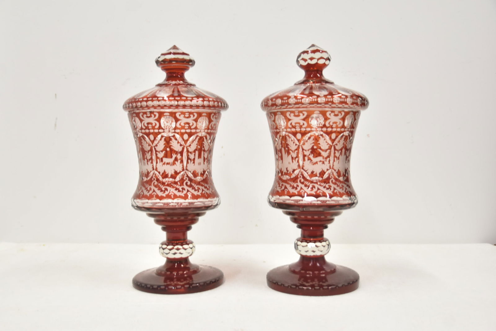 PAIR LARGE RUBY BOHEMIAN LIDDED POKALS - 2