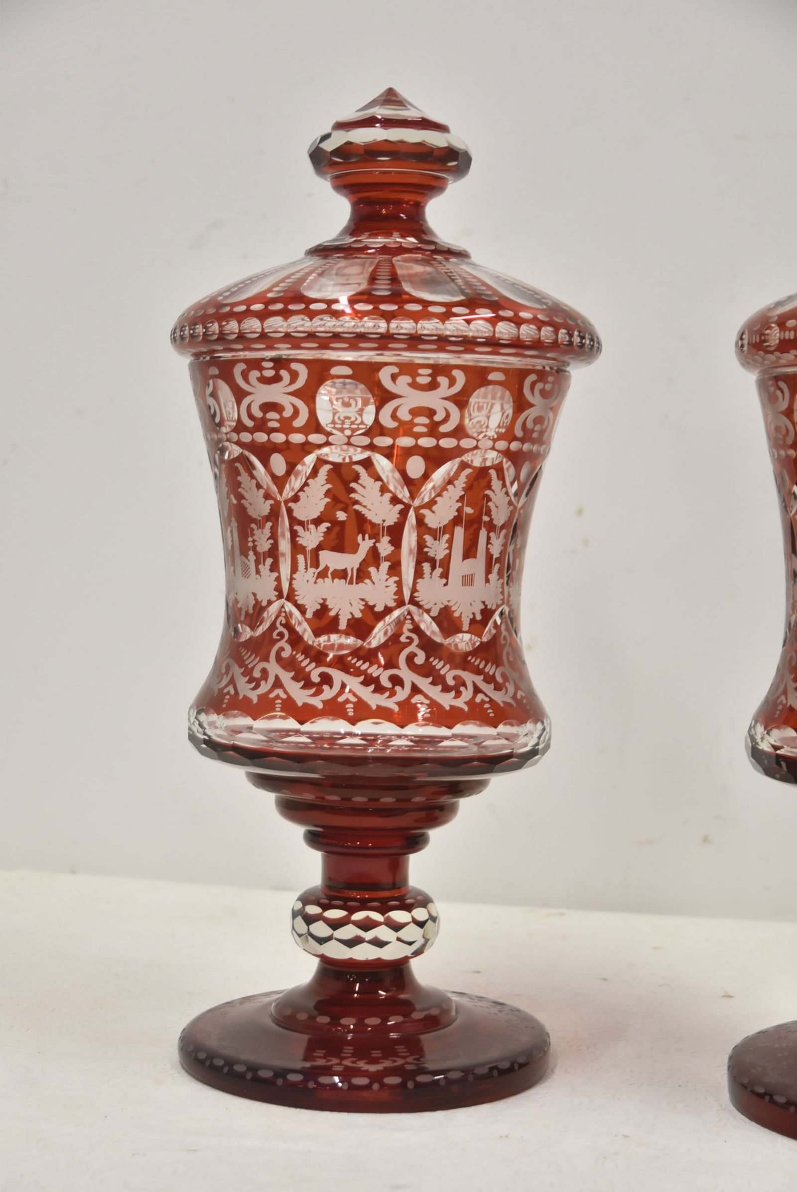 PAIR LARGE RUBY BOHEMIAN LIDDED POKALS - 3