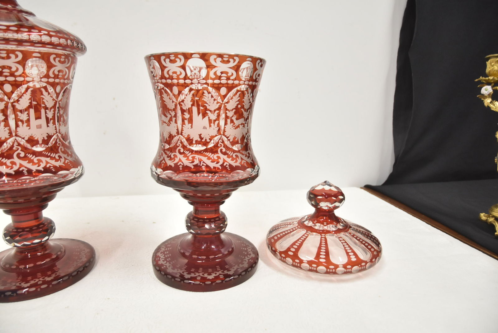 PAIR LARGE RUBY BOHEMIAN LIDDED POKALS - 6