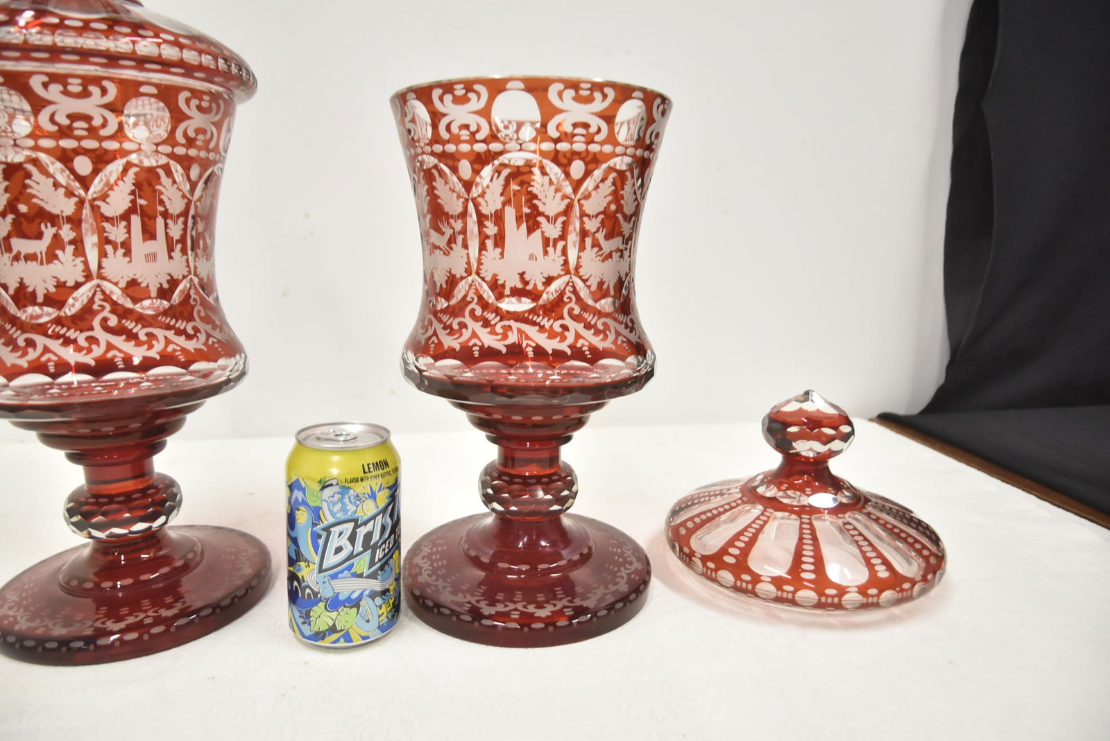 PAIR LARGE RUBY BOHEMIAN LIDDED POKALS - 7