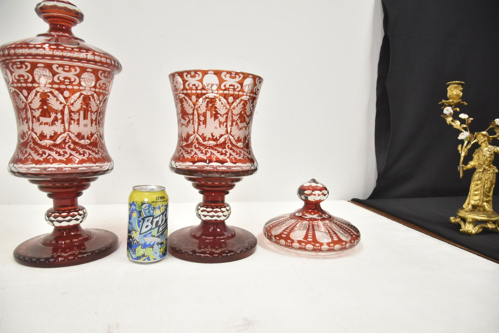 PAIR LARGE RUBY BOHEMIAN LIDDED POKALS - 8