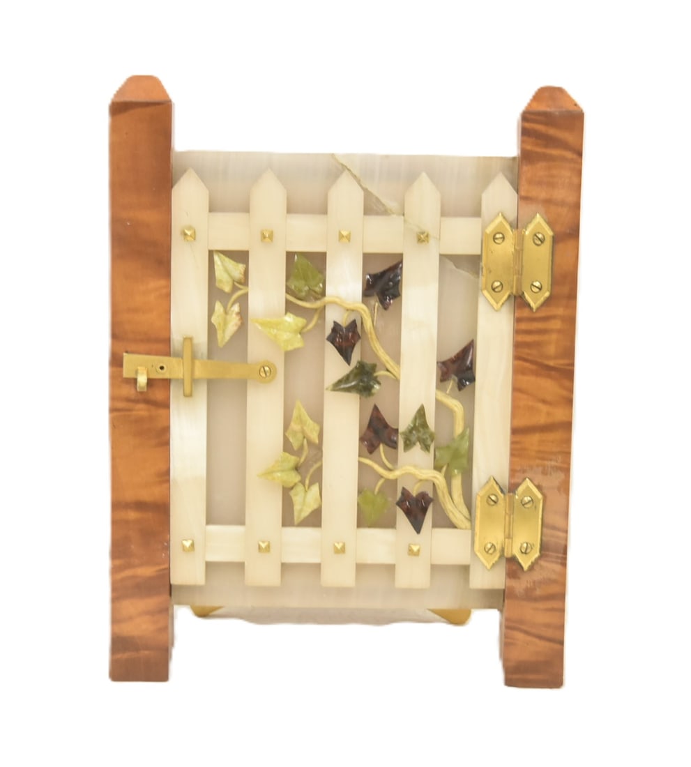 ANTIQUE HARDSTONE & BURL PICTURE FRAME: SPIERS & SON , OXFORD ENGLAND ANTIQUE BURL WOOD PICTURE PHOTOGRAPH FRAME WITH ONYX GATE DOOR SURROUNDED BY JADE FLOWERY VINES ; WITH GILT BRONZE MOUNTS ENGLAND 19th CENTURY , SPIERS & SON OVAL