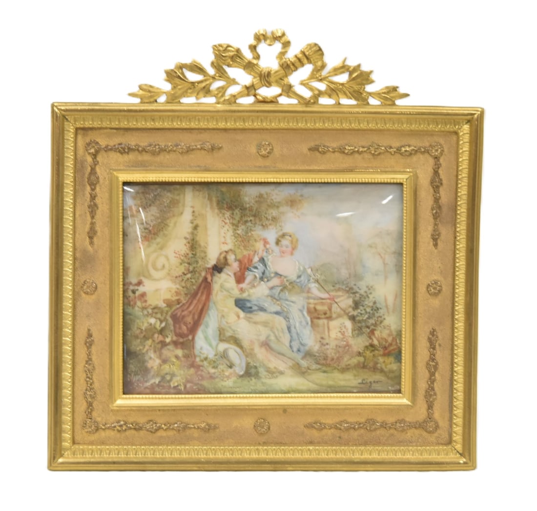 DORE BRONZE FRENCH MINIATURE PAINTING: ANTIQUE FRENCH MINIATURE PAINTING OF COURTING COUPLE , ARTIST SIGNED LIGEN SET IN ANTIQUE FRENCH DORE BRONZE FRAME WITH FLORAL & TORCH CARTOUCHE ; TITLED INVERSO "LE PASTOR GALLANT" 5 1/2' x 5