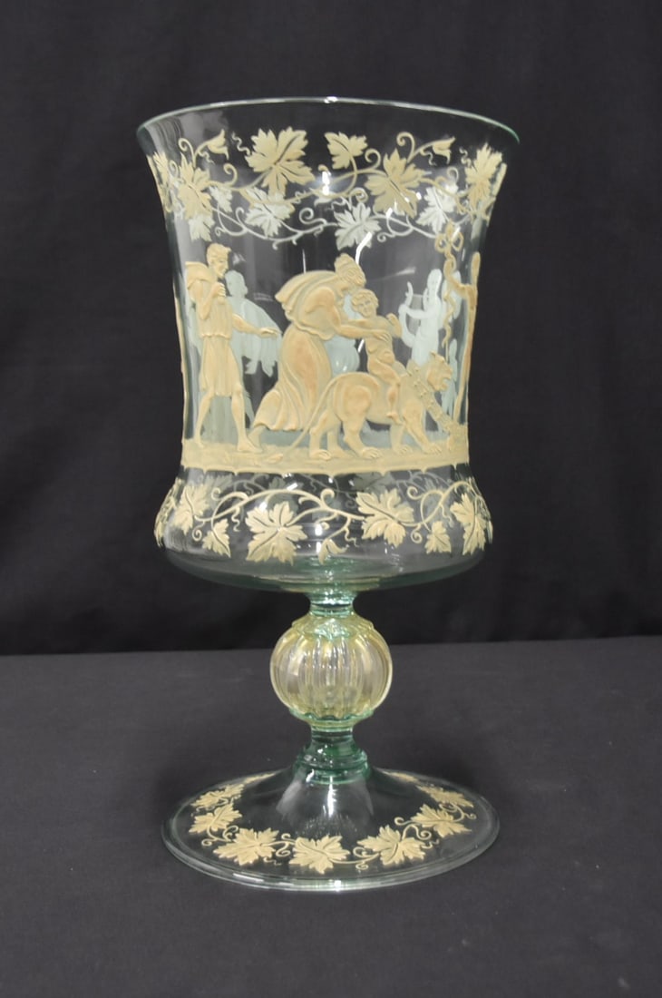 LARGE ITALIAN MURANO GLASS CHALICE VASE: LARGE ITALIAN VENETIAN GLASS CHALICE VASE WITH RAISED ENAMEL CLASSICAL FIGURES ALL AROUND - 7 1/4" x 14"