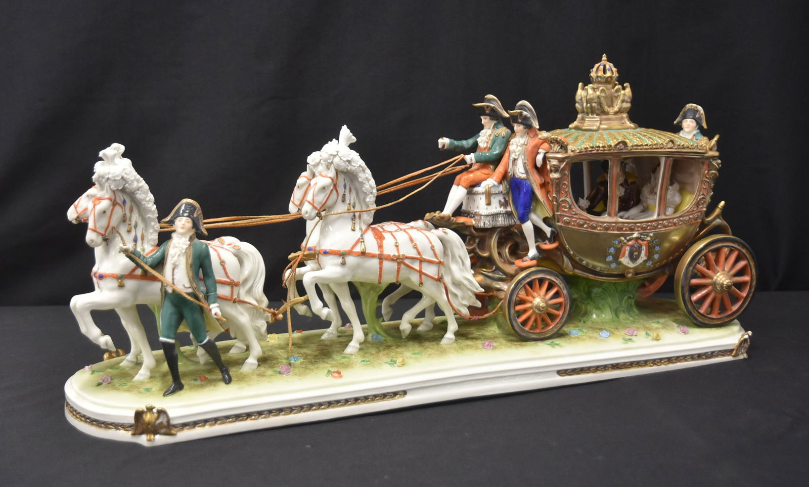 CORONATION OF NAPOLEON LARGE PORCELAIN CARRIAGE: LARGE GERMAN SITZENDORF PORCELAIN 4 HORSE DRAWN CARRIAGE , TITLED CORONATION OF NAPOLEON - 24" x 7" x 11" (DRIVER MISSING WHIP)