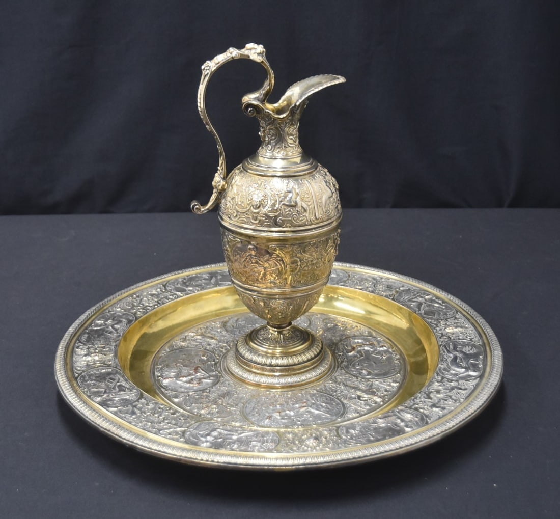 LEOPOLD OUDRY NEO RENAISSANCE EWER & BASIN: LEOPOLD OUDRY , PARIS 19th CENTURY SILVER PLATED & GOLD WASH EWER WITH BASIN HAVING SCENES OF RENAISSANCE FIGURAL GROUPINGS & MASKS ; MARKED L OUDRY et CIE EDITEURS , PARIS - EWER IS 5" x 3 1/2" x