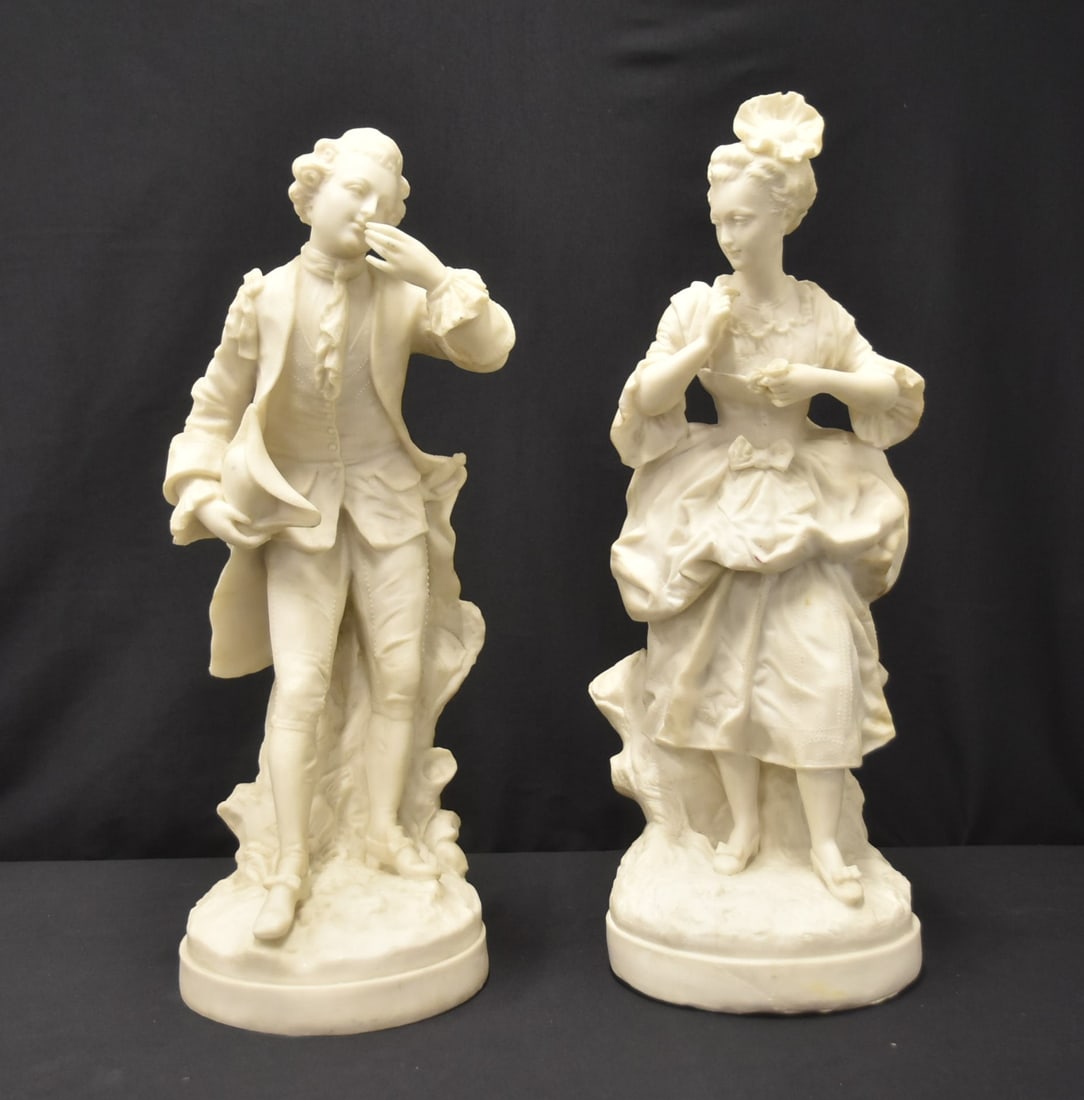 (Pr) LARGE ALABASTER FIGURES OF MAN & WOMAN: (Pr) LARGE ALABASTER FIGURES OF MAN & WOMAN IN VICTORIAN ATTIRE - 10" x 8" x 22" (SOME REPAIR & FILL)