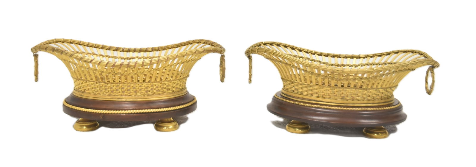 RARE 19thC FRENCH WOVEN BRONZE BASKETS: RARE PAIR FINE 19th CENTURY FRENCH WOVEN GILT BRONZE BASKETS ON WOOD BASE ; RAISED ON BRONZE TOUPIE FEET - 9 1/2" x 5 1/2" x 4"