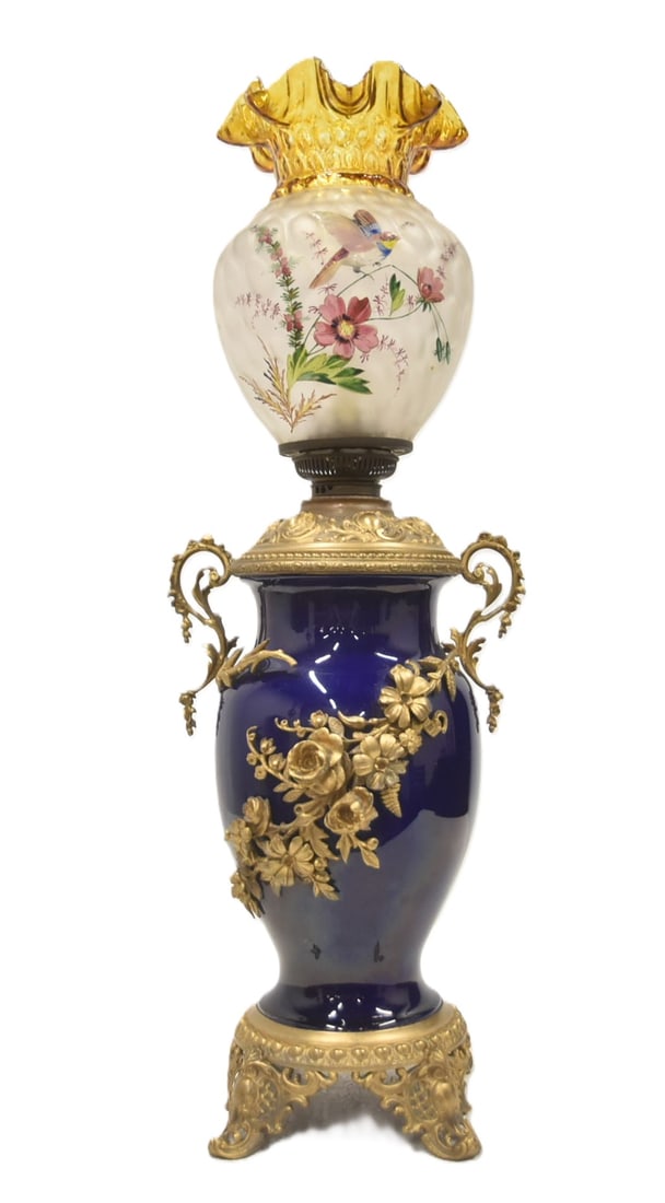 BRONZE MOUNTED COBALT PORCELAIN OIL LAMP (1 of 15)