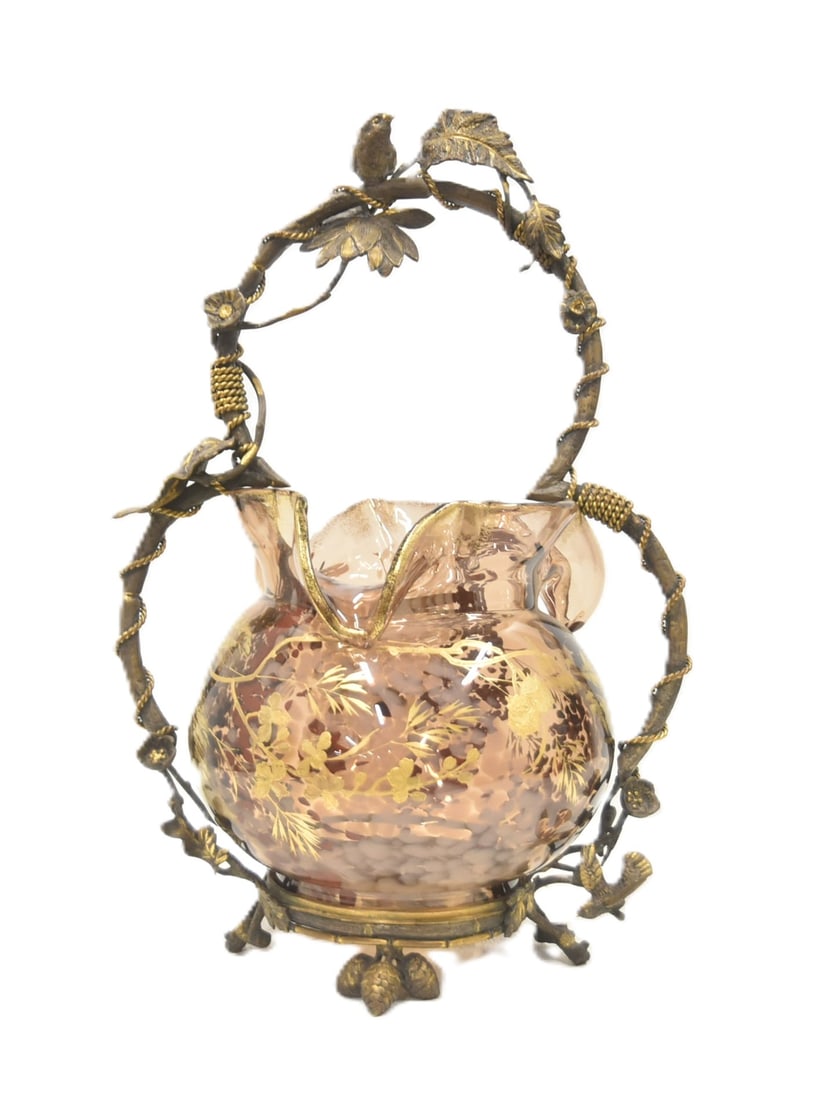 LARGE AESTHETIC ART GLASS & BRONZE CENTERPIECE: ERNEST BAPTISTE LEVEILLE ART GLASS FREE FORM BOWL WITH GILT FLORAL VINE & FOLIATE DECORATIONS SET IN LARGE AESTHETIC BRONZE BASKET FORM FRAME WITH NATURALISTIC TWIGS & BIRDS - 14" x 10" x 21"