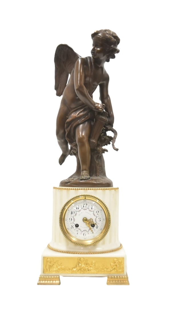 PATINATED BRONZE & MARBLE CHERUB CLOCK (1 of 15)