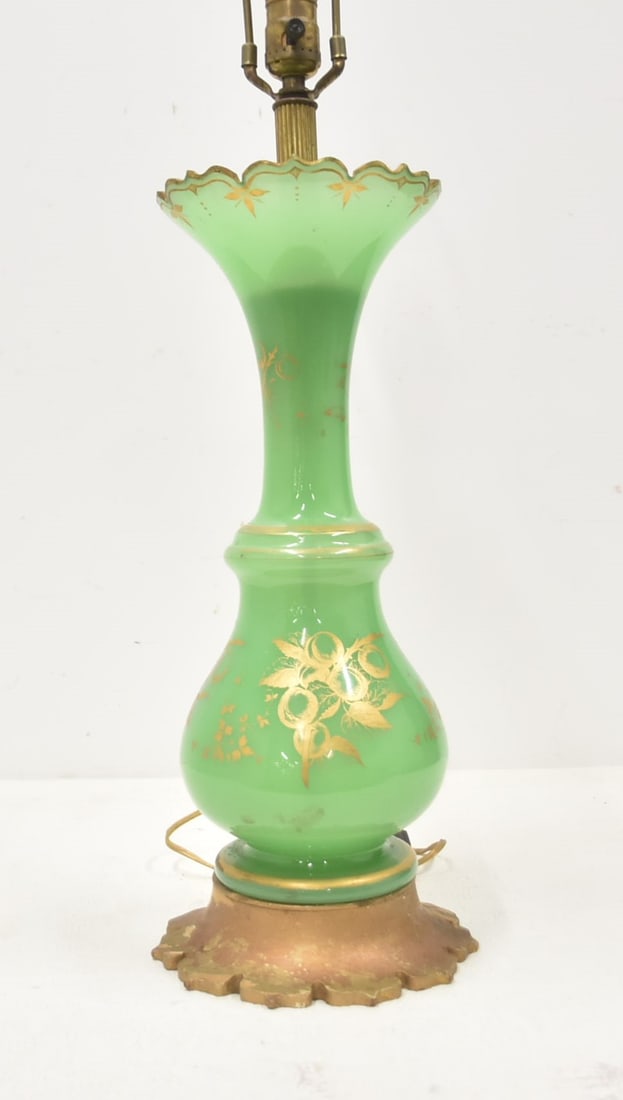 GREEN OPALINE VASE LAMP: ANTIQUE GREEN OPALINE VASE WITH GILT DECORATED GRAPES & RUFFLED RIM ; VASE IS 7" x 17" ; 33" OVERALL MOUNTED AS LAMP