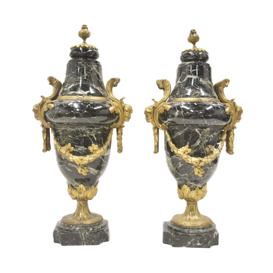 (Pr) ANTIQUE FRENCH BRONZE MOUNTED CASSOLETTES: PAIR ANTIQUE FRENCH GREEN MARBLE CASSOLETTES WITH FINE BRONZE MOUNTS WITH MASKS OF BOYS & FLORAL GARLANDS - 8" x 6" x 19 1/2'