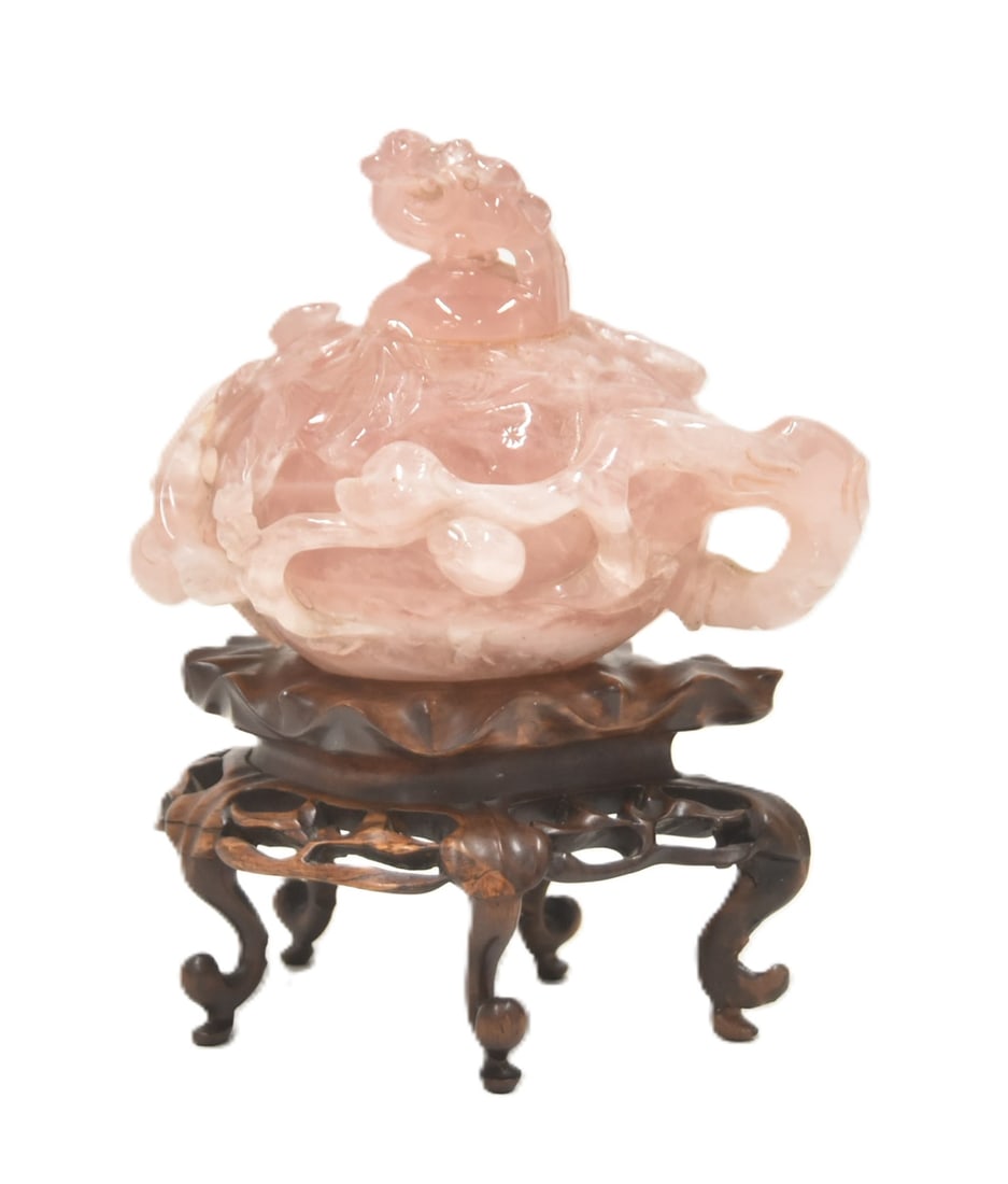CHINESE ROSE QUARTZ LIDDED VASE ON STAND (1 of 10)
