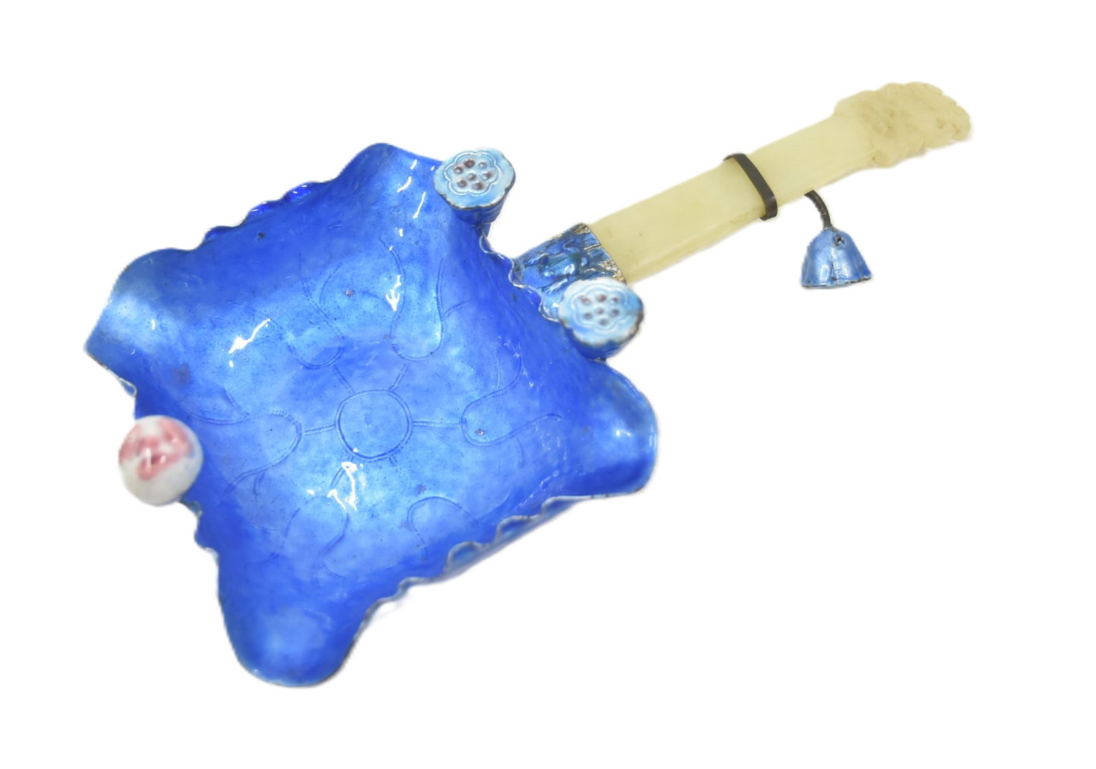 CARVED JADE HANDLE & ENAMEL DISH: CHINESE BLUE ENAMEL SILVER ? DISH WITH JADE BELT HOOK HANDLE ; MARKED CHINA CHINESE JADE ; CHINESE ENAMEL 4" x 7 1/2" x 1 3/4"