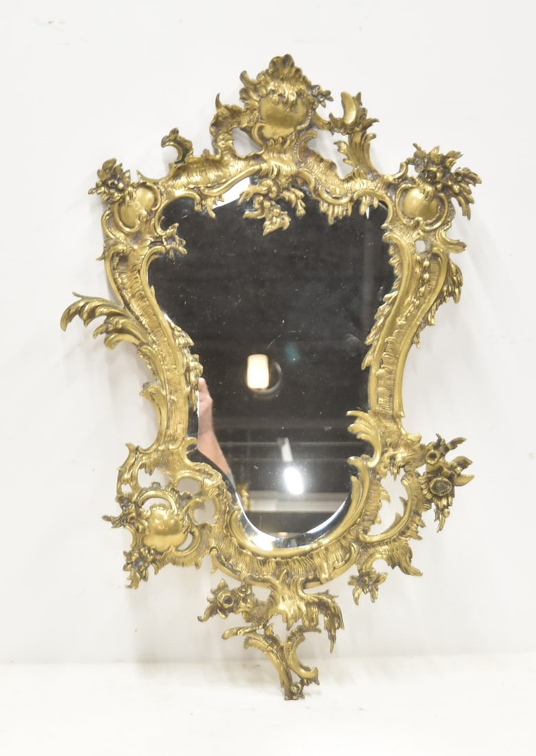 FRENCH STYLE BRONZE ROCOCO BEVELED MIRROR: ANTIQUE FRENCH BRONZE ROCOCO STYLE MIRROR WITH BEVELED GLASS - 19" x 31 1/2"