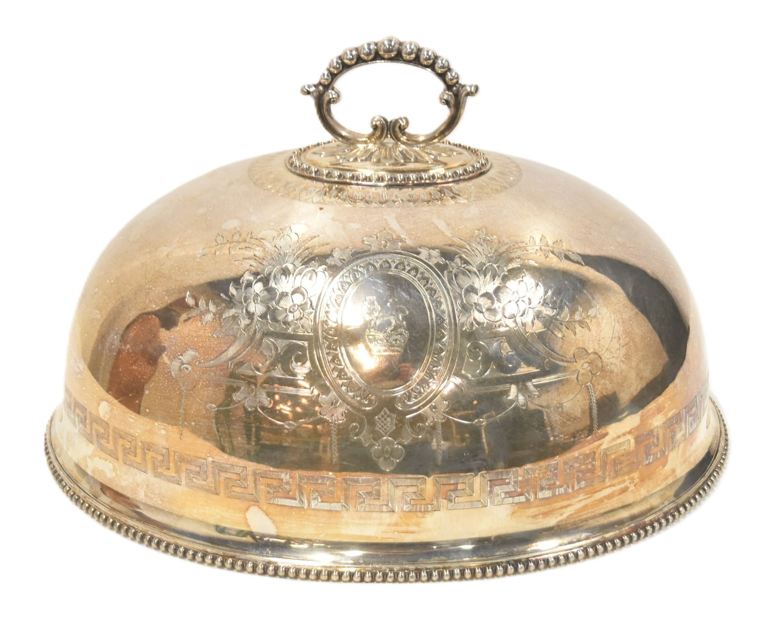 LARGE VICTORIAN ENGLISH SILVER PLATE MEAT DOME: LARGE VICTRIAN ENGLISH SILVER PLATE MEAT DOME WITH ENGRAVED ALL AROUND WITH LION CARTOUCHE - 16" x 14" x 11"