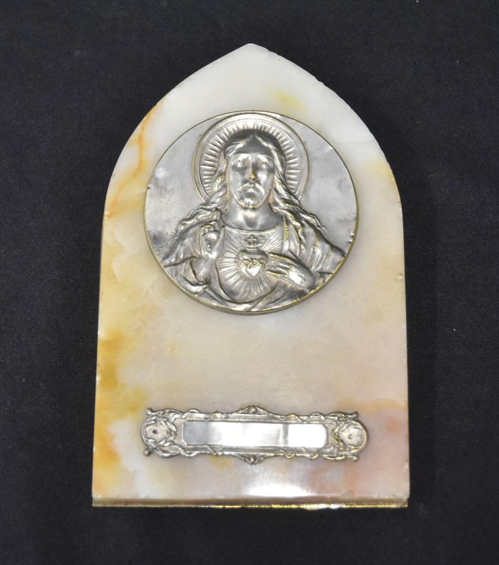 RELIGOUS SACRED HEART CHRIST PLAQUE: SILVERED BRONZE & ONYX RELIGOUS EASEL PLAQUE OF THE SACRED HEART OF CHRIST - 3 3/4" x 5 3/4"