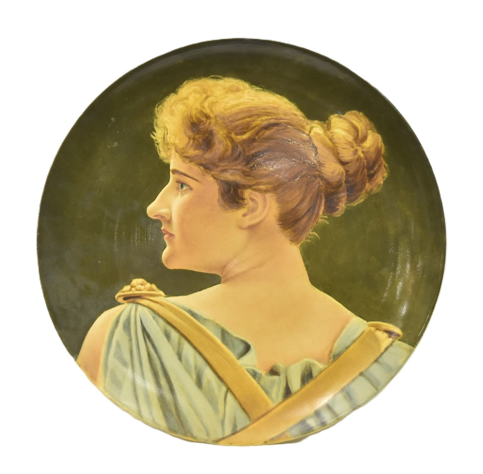 DOULTON BURSLEM PORTRAIT WALL PLATE CHARGER: LARGE 19th CENTURY DOULTON BURSLEM WALL CHARGER PLATE WITH LARGE FEMALE PORTRAIT , TITLED INVERO MARIANNE MANSELL , 1884 / 1894? 19 1/2" DIAMETER ; WITH WORN EXHIBITION LABEL