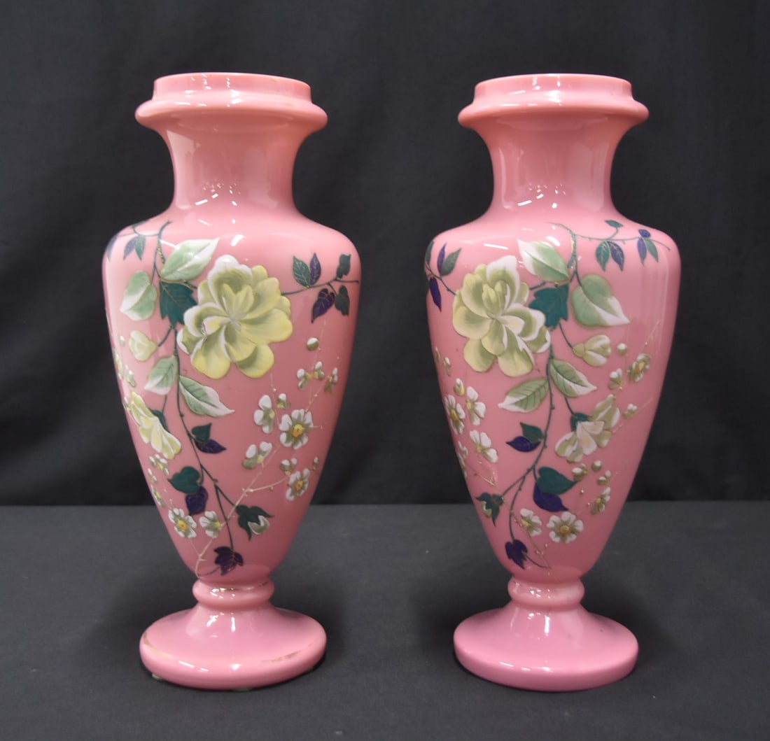 (Pr) VICTORIAN PINK OPALINE VASES: PAIR VICTORIAN PINK OPALINE VASES WITH HAND PAINTED ENAMEL FLOWERS - 6" x 13"