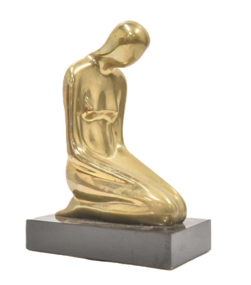 MODERNIST BRONZE KNEELING FIGURE: N.B. LEEDS MODERNIST BRONZE FIGURE KNEELING ON MARBLE SLAB , SIGNED NB LEEDS 9" x 7 1/2" x 13"