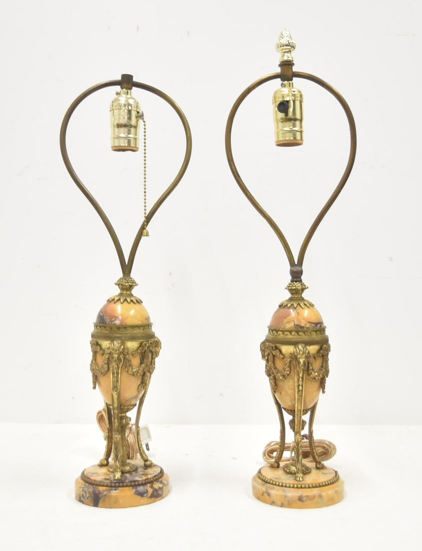 (Pr) FRENCH BRONZE & SIENA MARBLE CASSOLETTES: PAIR DEMINUTIVE FRENCH BRONZE & SIENA MARBLE CASSOLETTE LAMPS - 4 1/2" x 18 1/2" OVERALL WITH HARP