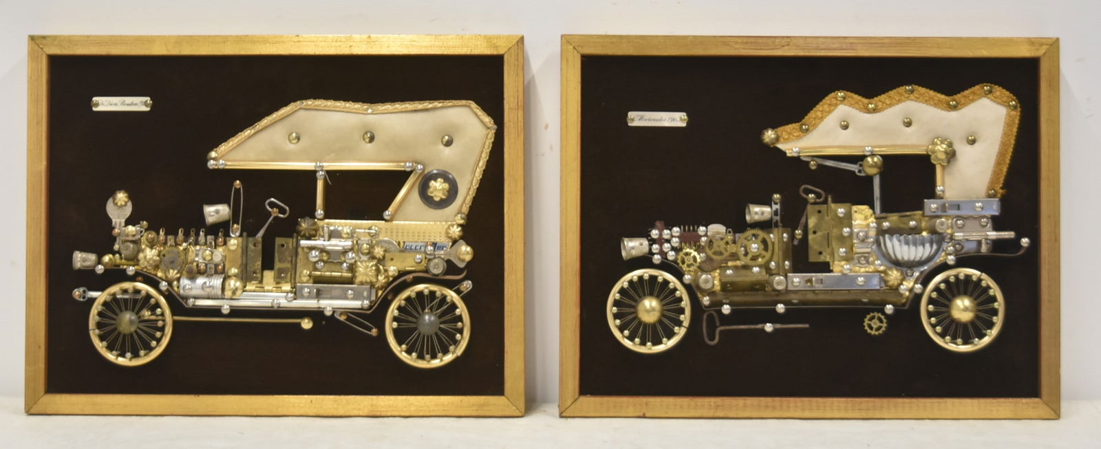 (2) TRAMP ART ANTIQUE CARS WALL DECOR: TRAMP ART 1903 MERCEDES BENZ / TRAMP ART 1903 DE DION BOUTON WALL HANGING ; BY YOBAL SPAIN TRAMP ART - 17" x 13"