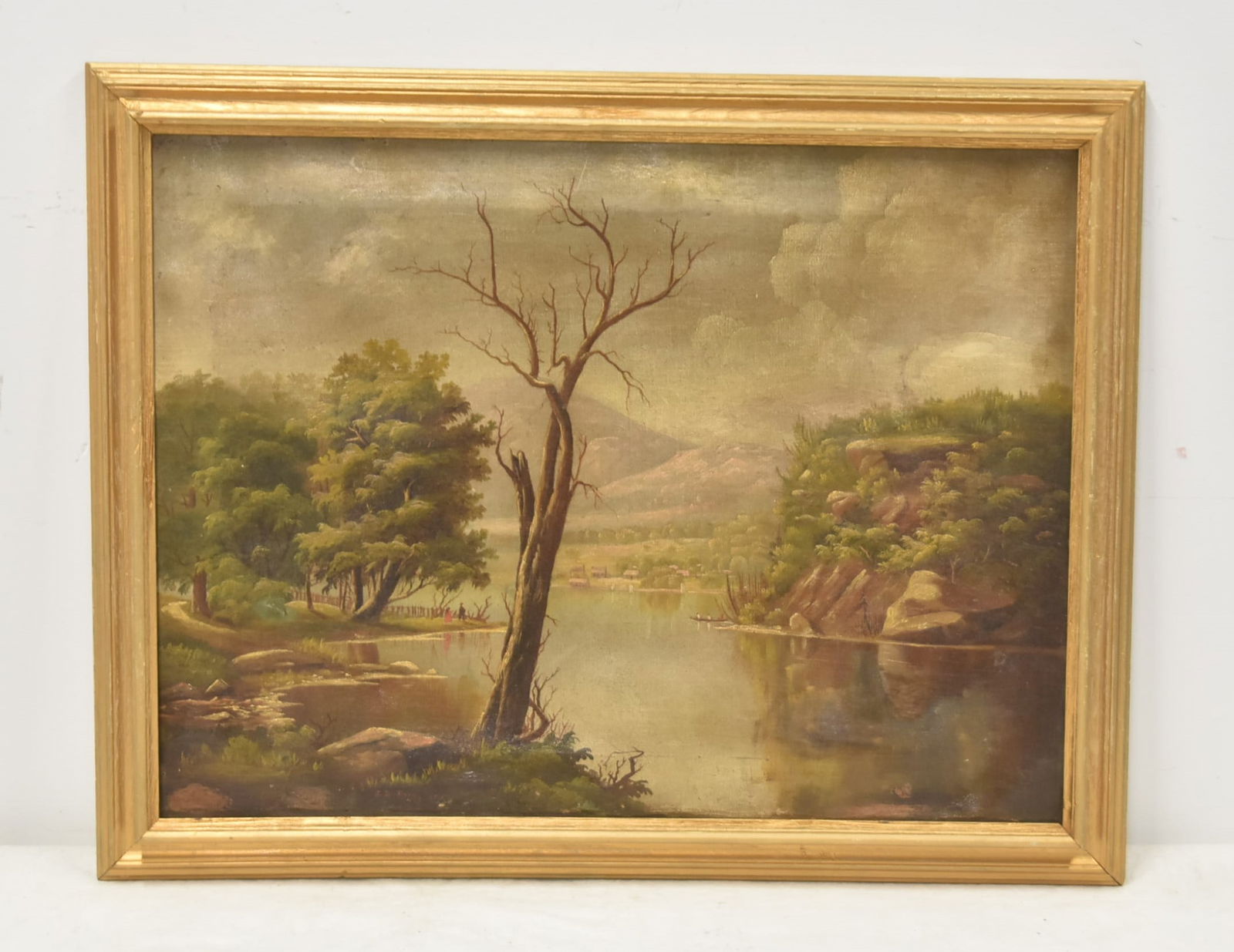 J.D. FORGY , ANTIQUE OIL ON CANVAS RIVER LANDSCAPE: JD FORGY (INDIANA, 19th CENTURY) OIL ON CANVAS INDIANA RIVER LANDSCAPE , SIGNED JD FORGY 1853? ; 24" x 18" ; 27" x 21" OVERALL (SOME LOSS)