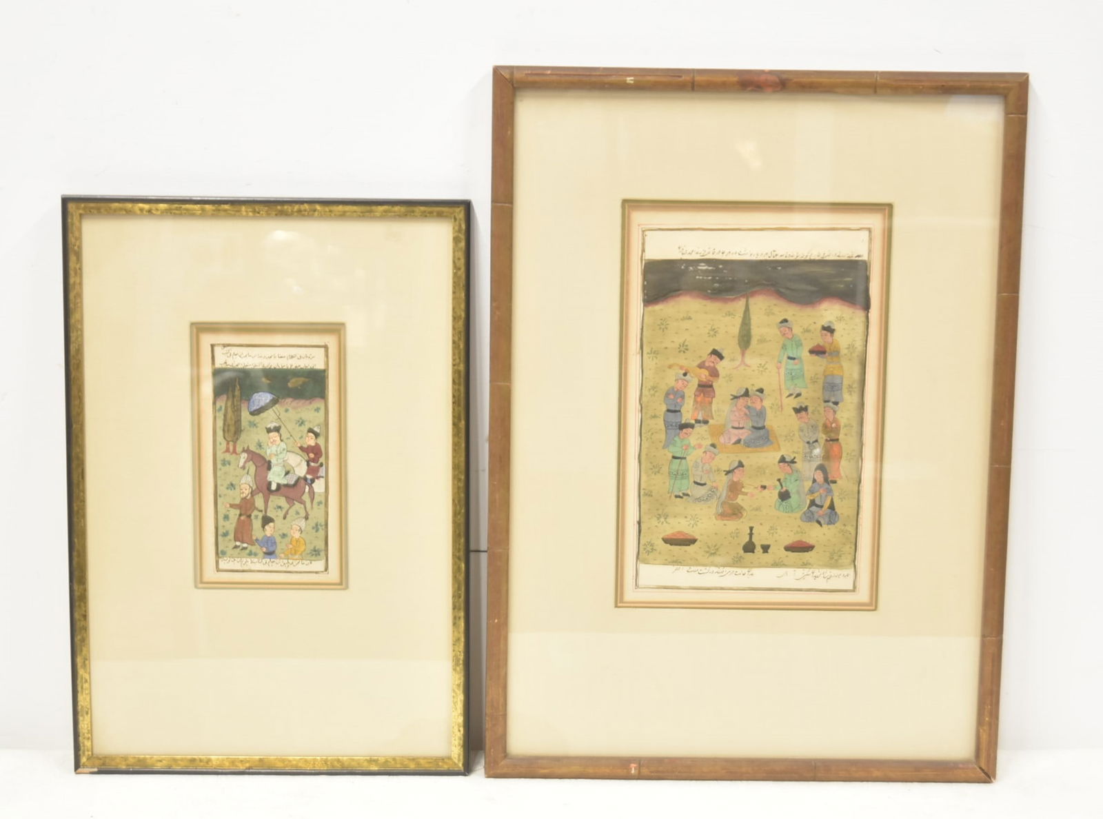(2) HAND PAINTED PERSIAN MANUSCRIPT PAGES: (2) ANTIQUE HAND PAINTED PERSIAN MINIATURE PAGES WITH FIGURAL SCENES & CALLIGRAPHY - LARGEST SIGHT SIZE IS 8" x 12" ; 15" x 21" OVERALL