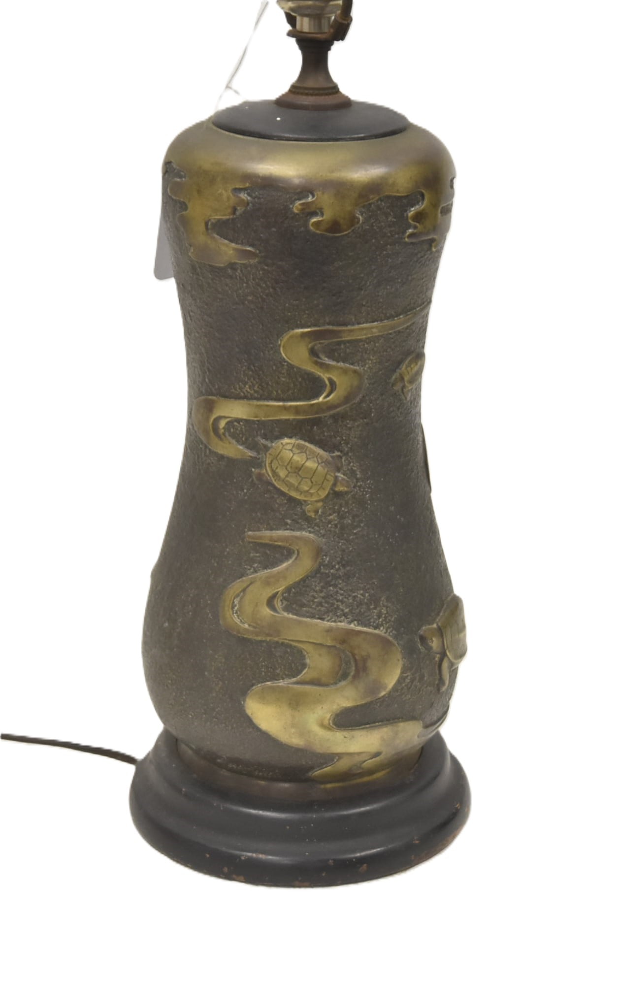ANTIQUE JAPANESE BRONZE VASE LAMP: ANTIQUE JAPANESE BRONZE LAMP WITH TURTLE & CLOUDS - 5" x 17" TO SOCKET